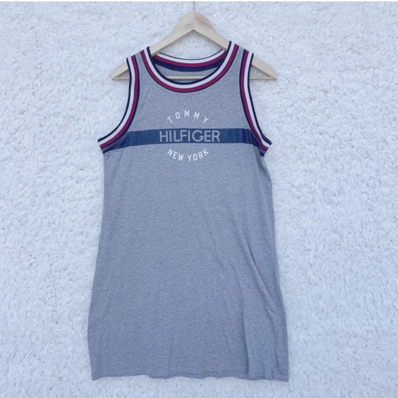 Tommy Hilfiger New York Gray Tank Jersey Dress L Large Sleeveless Logo Stripe - Picture 1 of 5